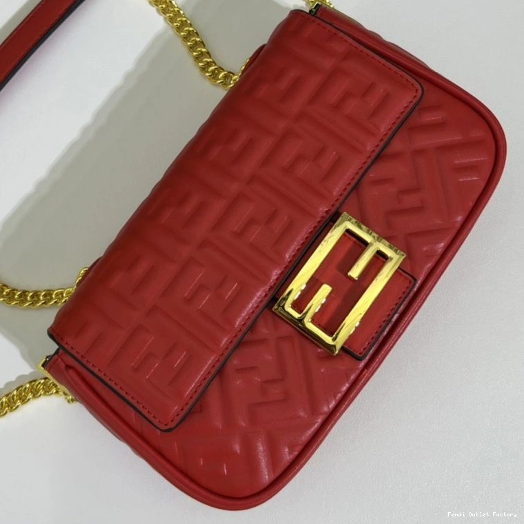 Vintage HOT Leather In Baguette FF Fendi Midi Motif Red Nappa Bag Chain 0710